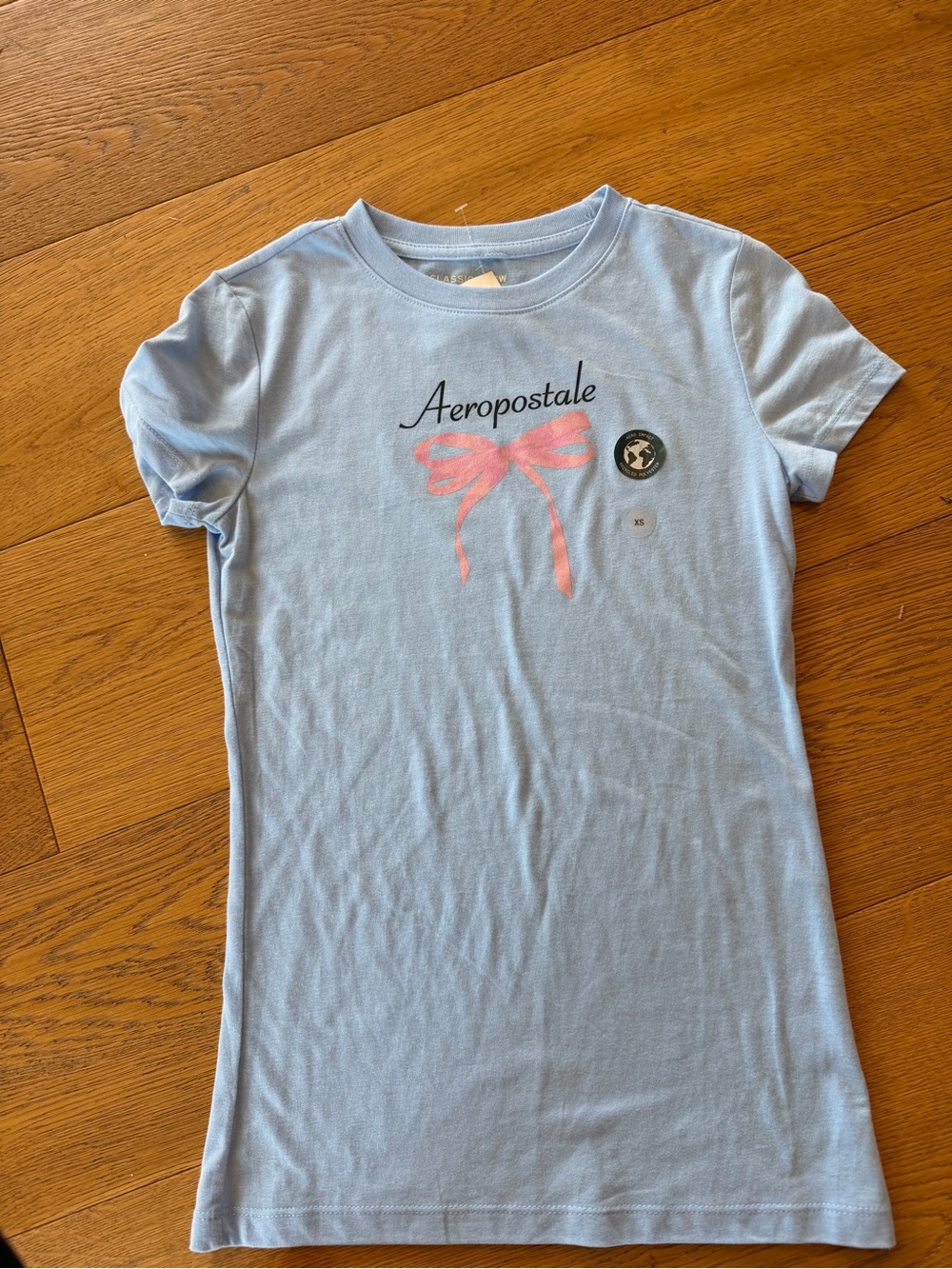Aeropostale Light Blue Short Sleeve Tee with Pink Bow Graphic